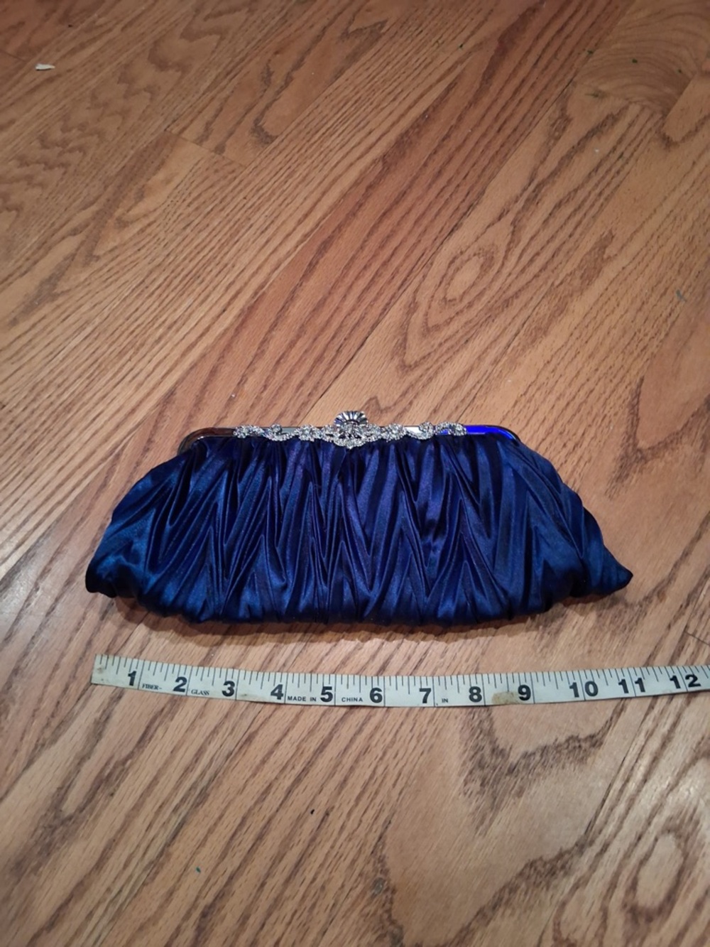 Satin Navy Evening Clutch with Crystal Frame
